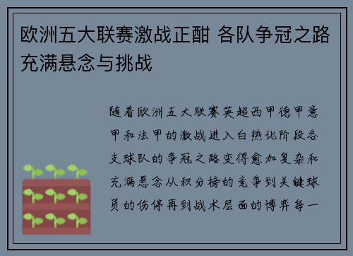 欧洲五大联赛激战正酣 各队争冠之路充满悬念与挑战
